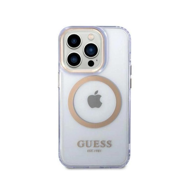 Guess GUHMP14LHTCMU iPhone 14 Pro 6.1 violetinės/violetinės spalvos deklas Gold Outline Translucent MagSafe
