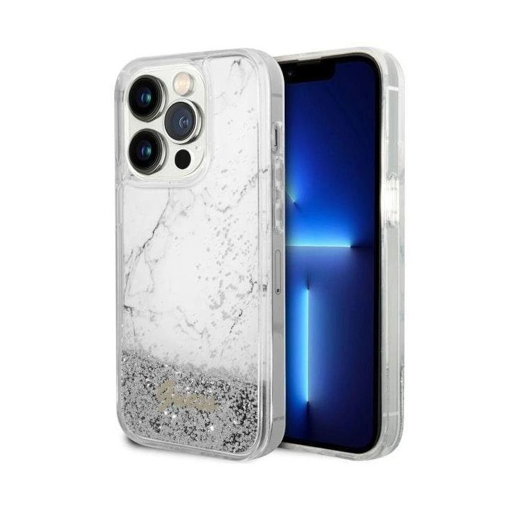 Guess GUHCP14LLCSGSGH iPhone 14 Pro 6,1 baltos/baltos spalvos deklas Liquid Glitter Marble