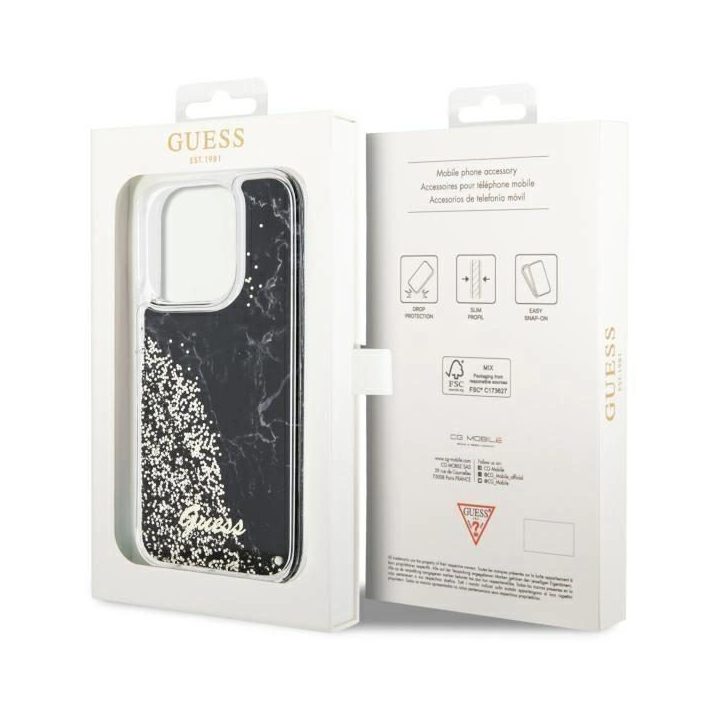 Guess GUHCP14LLCSGSGK iPhone 14 Pro 6,1 juodos/juodos spalvos deklas Liquid Glitter Marble