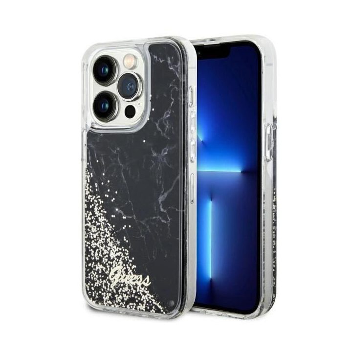 Guess GUHCP14LLCSGSGK iPhone 14 Pro 6,1 juodos/juodos spalvos deklas Liquid Glitter Marble