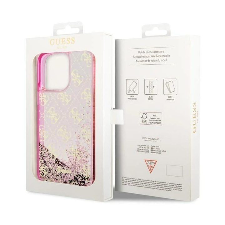 Guess GUHCP14XLC4PSGP iPhone 14 Pro Max 6,7 rožinės/rožinės spalvos deklas Liquid Glitter 4G Transculent