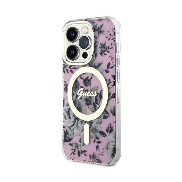 Guess GUHMP14LHCFWSP iPhone 14 Pro 6,1 rožinės/rožinės spalvos deklas Flower MagSafe