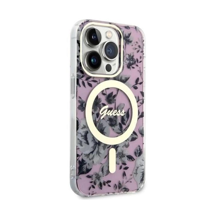 Guess GUHMP14LHCFWSP iPhone 14 Pro 6,1 rožinės/rožinės spalvos deklas Flower MagSafe