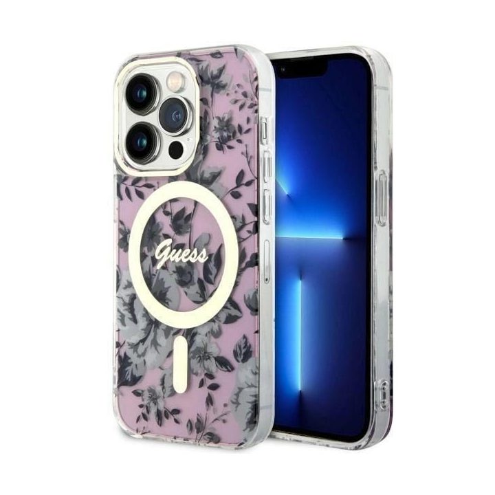 Guess GUHMP14LHCFWSP iPhone 14 Pro 6,1 rožinės/rožinės spalvos deklas Flower MagSafe
