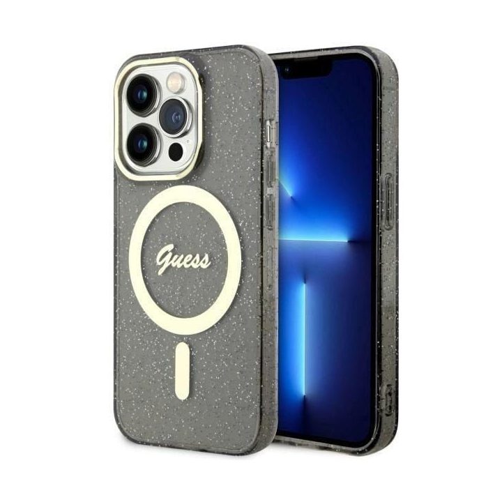Guess GUHMP14LHCMCGK iPhone 14 Pro 6,1 juodos/juodos spalvos deklas Glitter Gold MagSafe