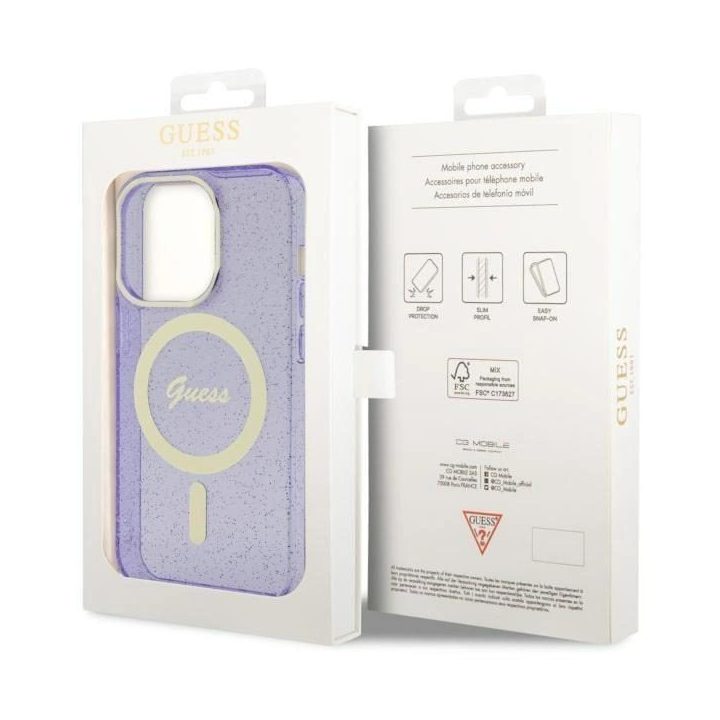 Guess GUHMP14LHCMCGU iPhone 14 Pro 6,1 violetinės/violetinės spalvos deklas Glitter Gold MagSafe