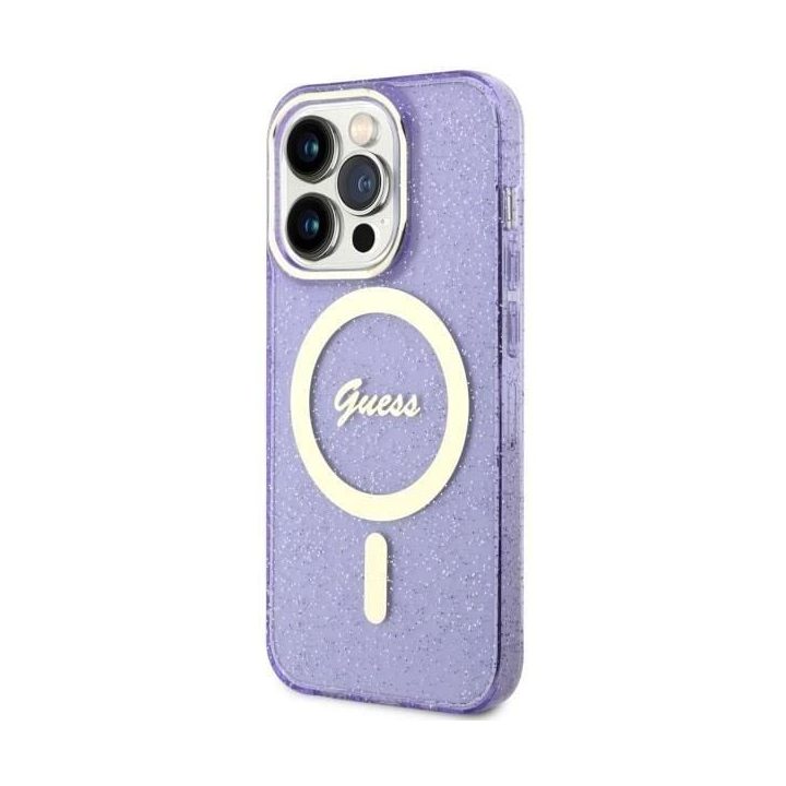 Guess GUHMP14LHCMCGU iPhone 14 Pro 6,1 violetinės/violetinės spalvos deklas Glitter Gold MagSafe