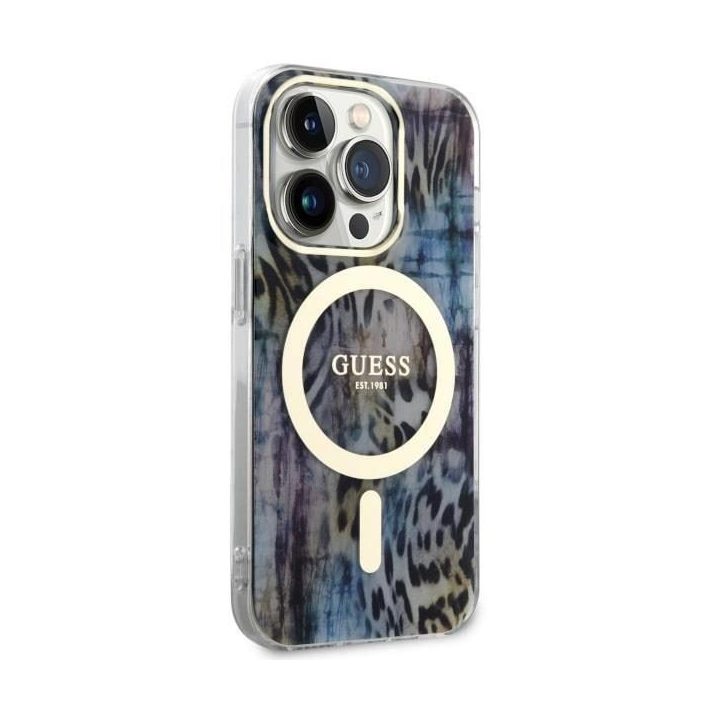 Guess GUHMP14LHLEOPWB iPhone 14 Pro 6.1 mėlynos/mėlynos spalvos deklas Leopard MagSafe