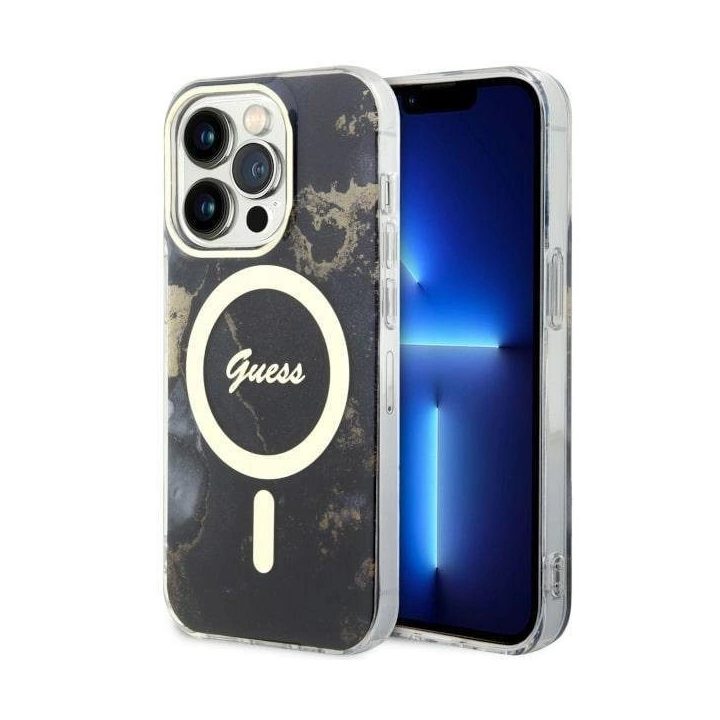 Guess GUHMP14LHTMRSK iPhone 14 Pro 6,1 juodos/juodos spalvos deklas Golden Marble MagSafe