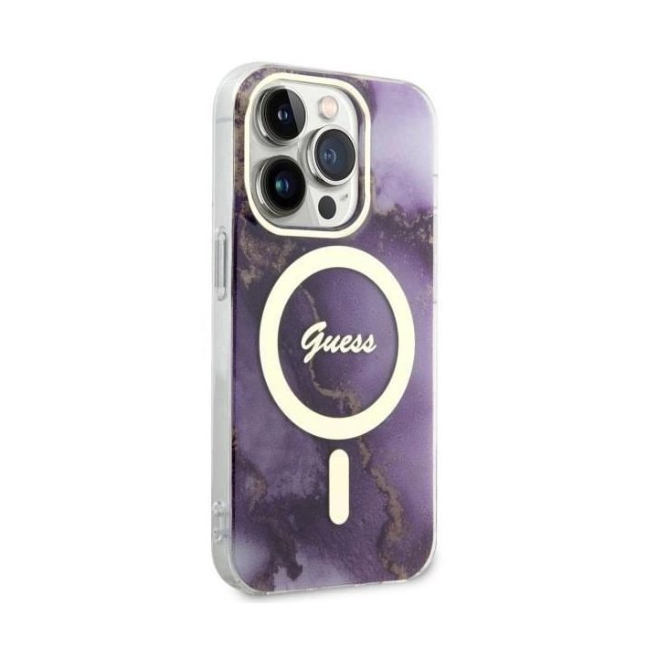Guess GUHMP14LHTMRSU iPhone 14 Pro 6,1 violetinės/violetinės spalvos deklas Golden Marble MagSafe