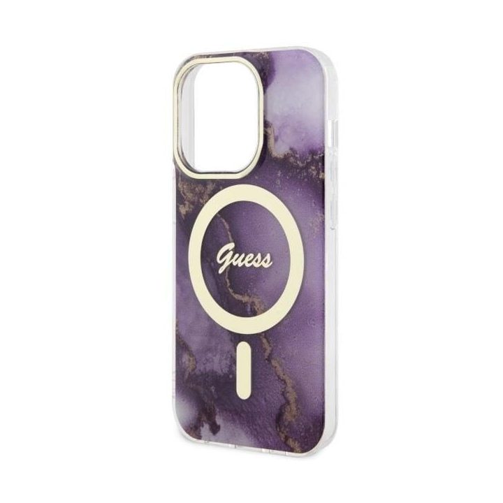 Guess GUHMP14LHTMRSU iPhone 14 Pro 6,1 violetinės/violetinės spalvos deklas Golden Marble MagSafe