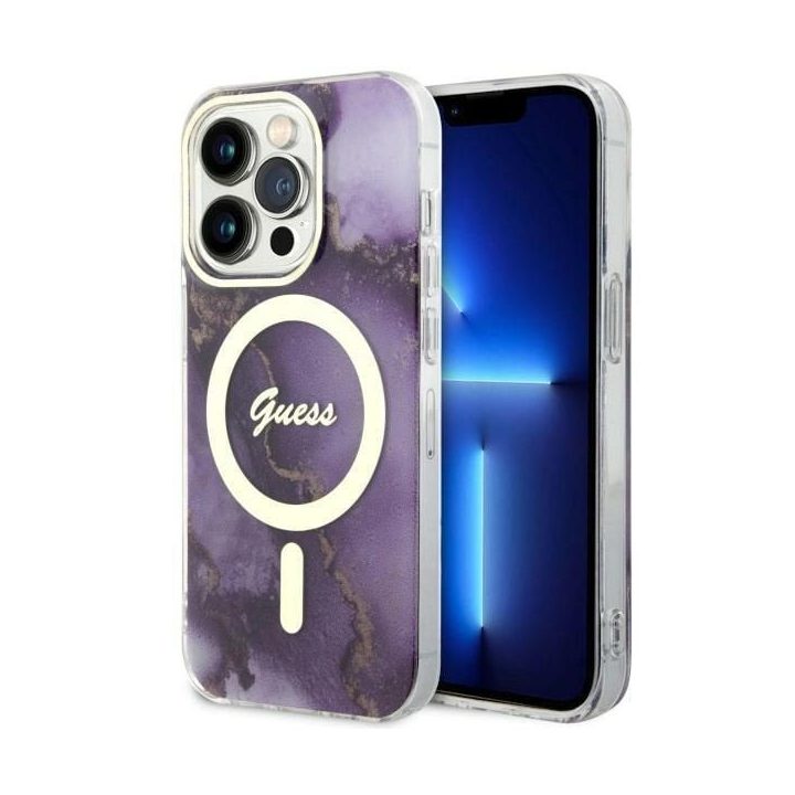 Guess GUHMP14LHTMRSU iPhone 14 Pro 6,1 violetinės/violetinės spalvos deklas Golden Marble MagSafe
