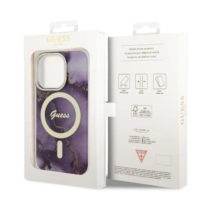 Guess GUHMP14LHTMRSU iPhone 14 Pro 6,1 violetinės/violetinės spalvos deklas Golden Marble MagSafe
