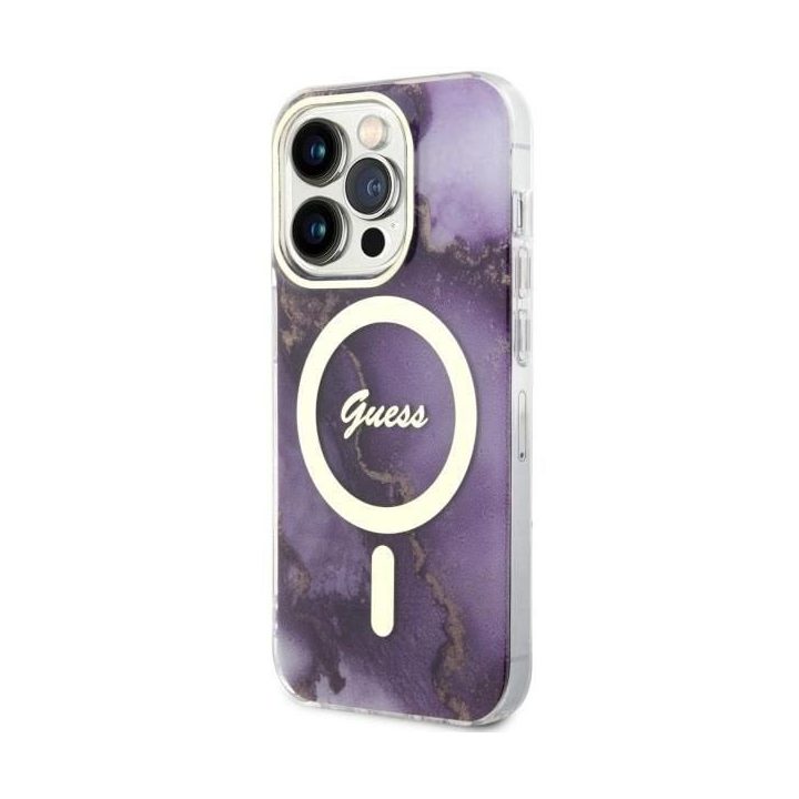 Guess GUHMP14LHTMRSU iPhone 14 Pro 6,1 violetinės/violetinės spalvos deklas Golden Marble MagSafe