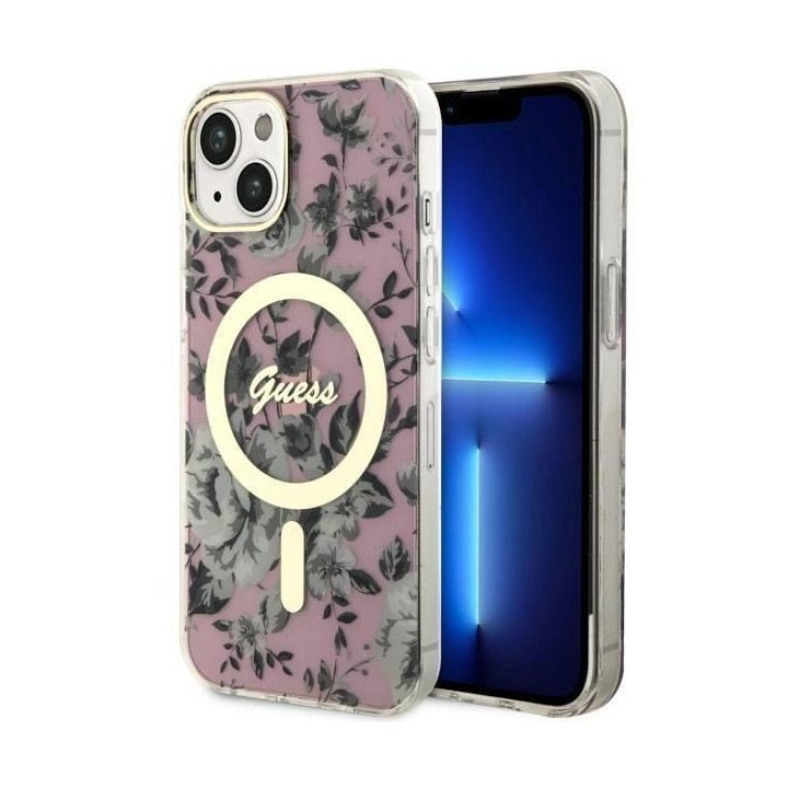 Guess GUHMP14MHCFWSP iPhone 14 Plus 6,7 rožinės/rožinės spalvos deklas Flower MagSafe
