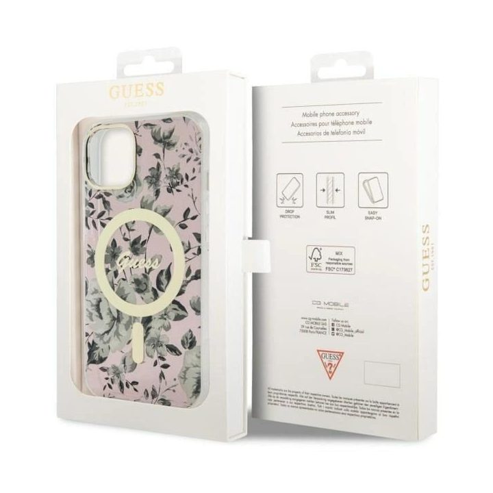 Guess GUHMP14MHCFWSP iPhone 14 Plus 6,7 rožinės/rožinės spalvos deklas Flower MagSafe