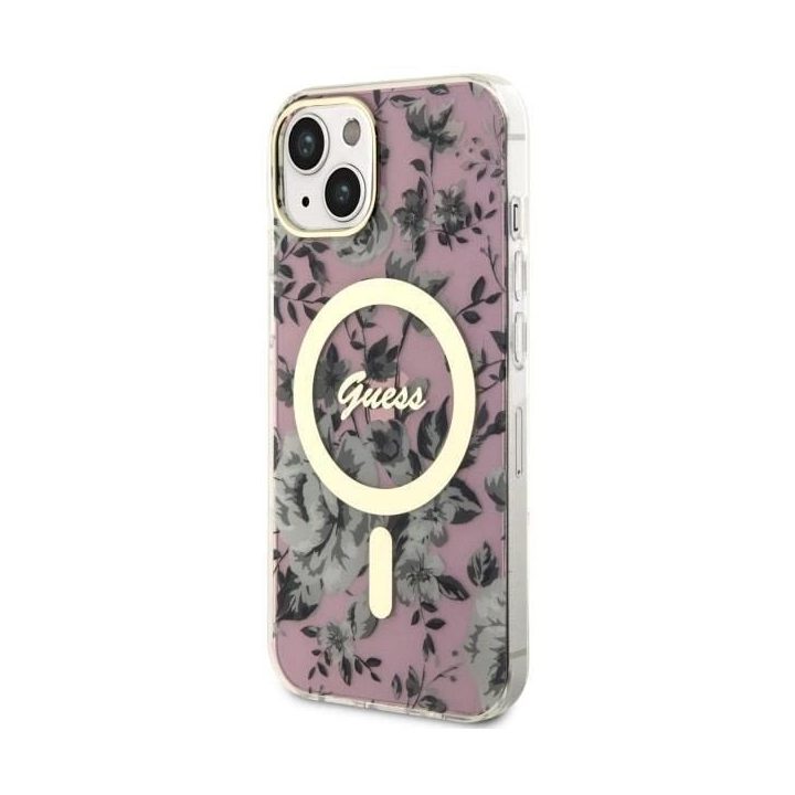 Guess GUHMP14MHCFWSP iPhone 14 Plus 6,7 rožinės/rožinės spalvos deklas Flower MagSafe