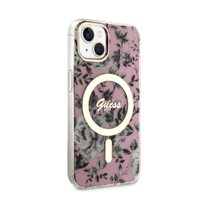 Guess GUHMP14MHCFWSP iPhone 14 Plus 6,7 rožinės/rožinės spalvos deklas Flower MagSafe