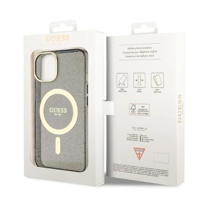 Guess GUHMP14MHCMCMCGK iPhone 14 Plus 6,7 juodos/juodos spalvos deklas Glitter Gold MagSafe