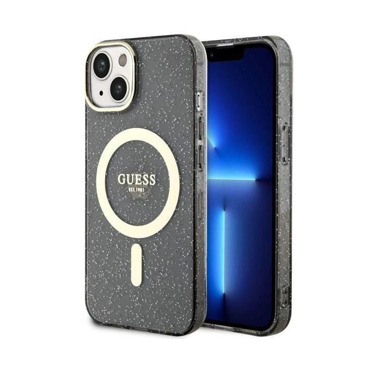 Guess GUHMP14MHCMCMCGK iPhone 14 Plus 6,7 juodos/juodos spalvos deklas Glitter Gold MagSafe