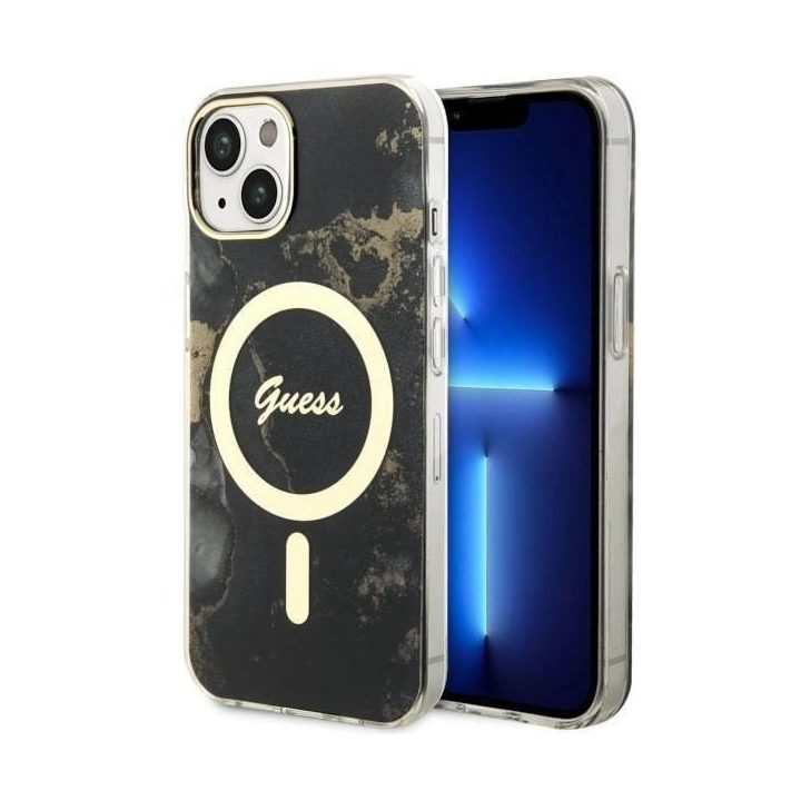 Guess GUHMP14MHTMRSK iPhone 14 Plus 6,7 juodos/juodos spalvos deklas Golden Marble MagSafe