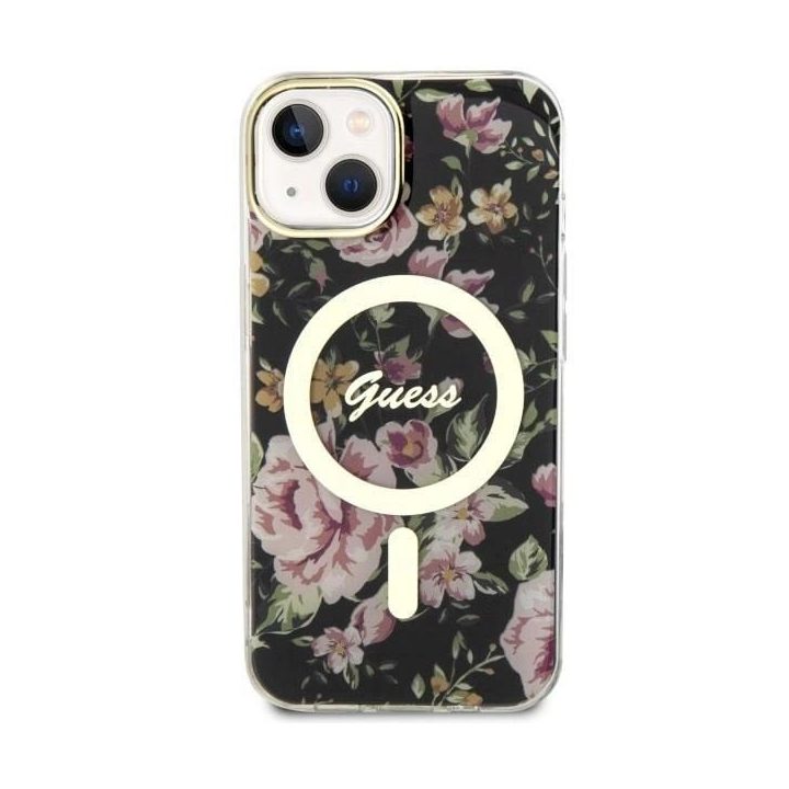 Guess Flower MagSafe dėklas iPhone 14 - juodas