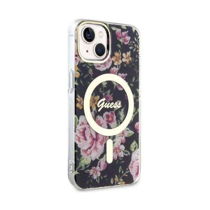 Guess Flower MagSafe dėklas iPhone 14 - juodas
