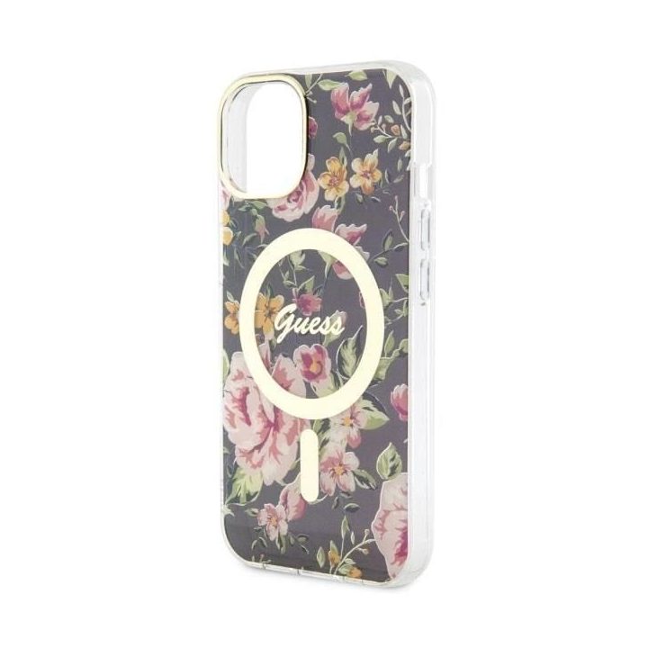 Guess Flower MagSafe dėklas iPhone 14 - juodas