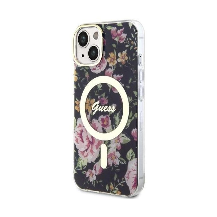 Guess Flower MagSafe dėklas iPhone 14 - juodas