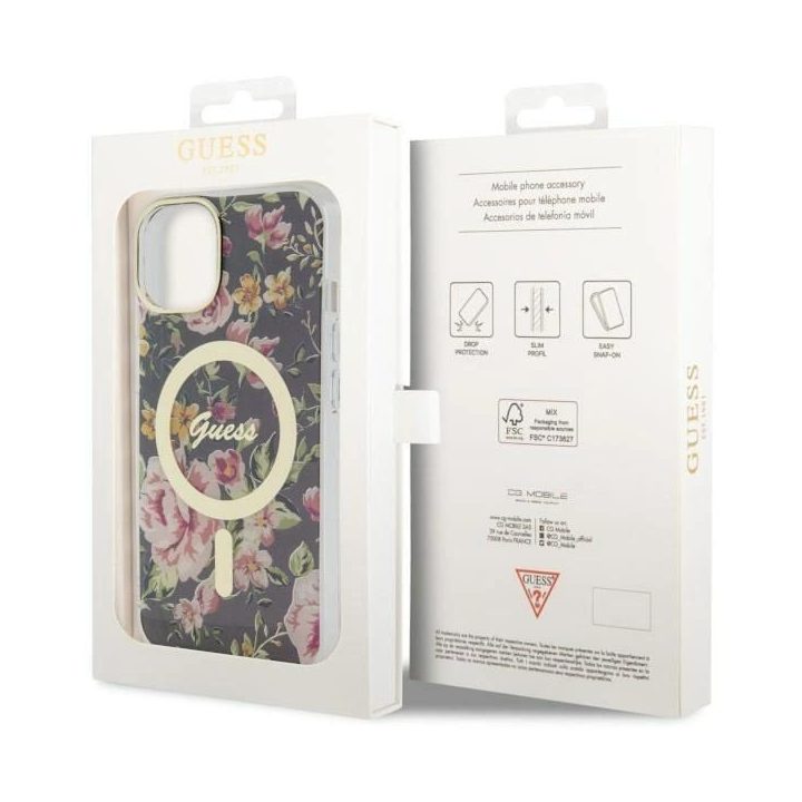 Guess Flower MagSafe dėklas iPhone 14 - juodas