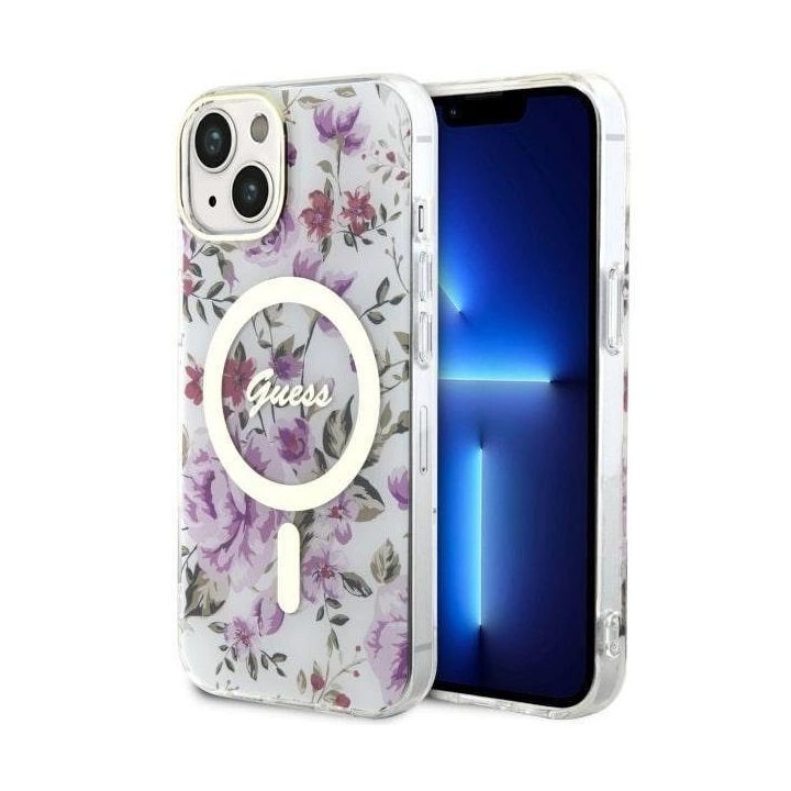 Guess Flower MagSafe dėklas iPhone 14 - skaidrus