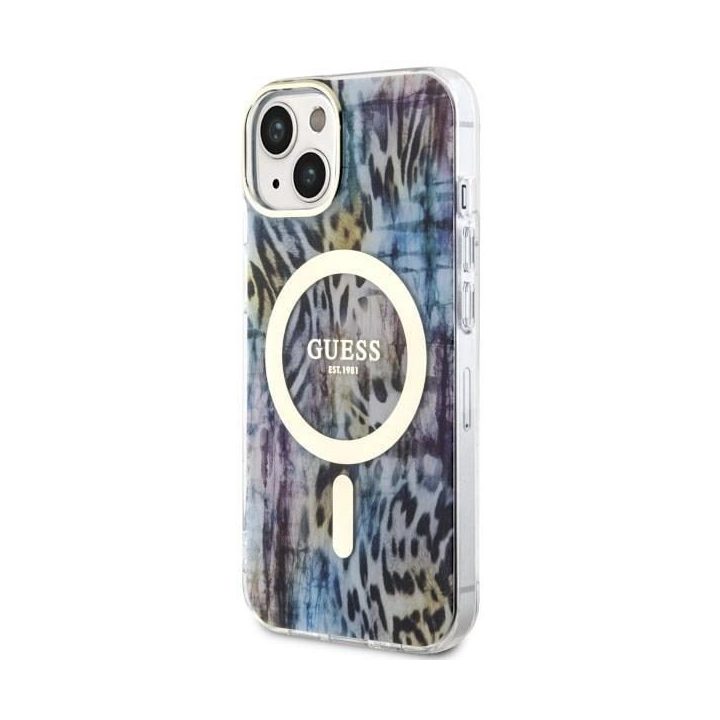 Guess Leopard MagSafe dėklas iPhone 14 - mėlynas
