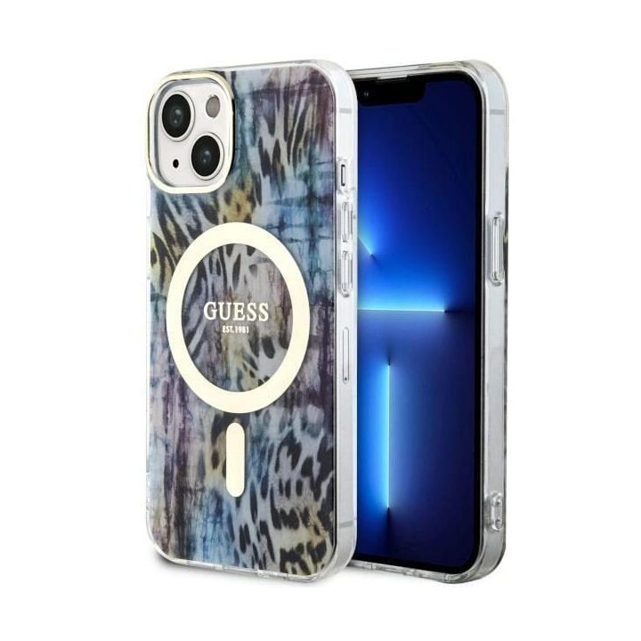 Guess Leopard MagSafe dėklas iPhone 14 - mėlynas