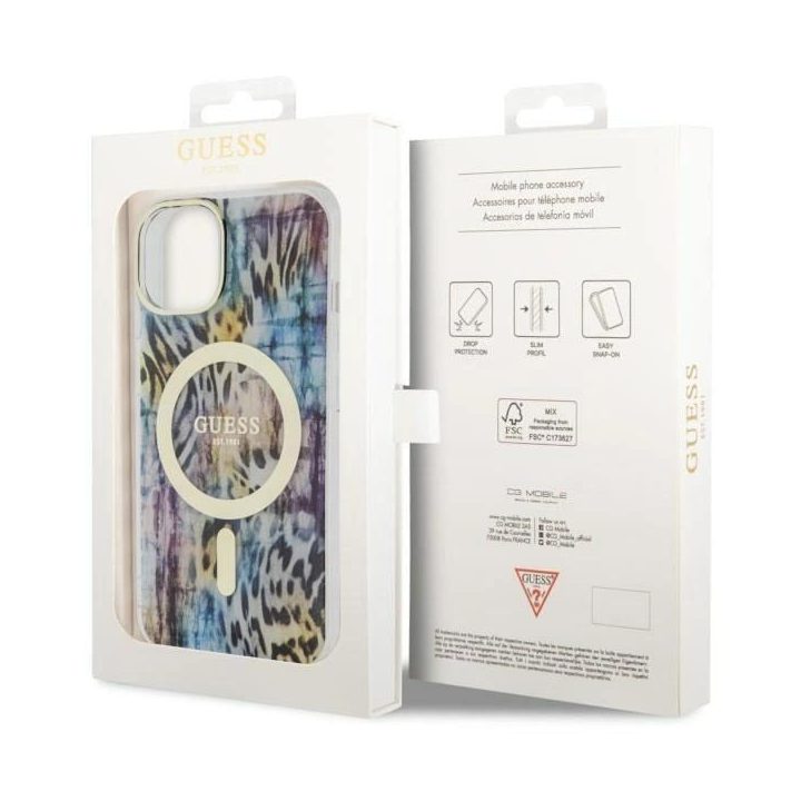 Guess Leopard MagSafe dėklas iPhone 14 - mėlynas