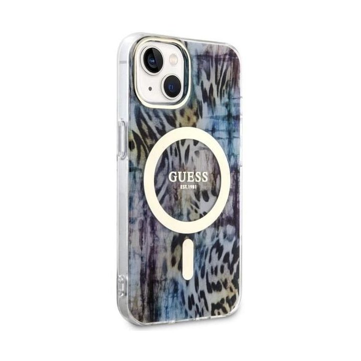 Guess Leopard MagSafe dėklas iPhone 14 - mėlynas
