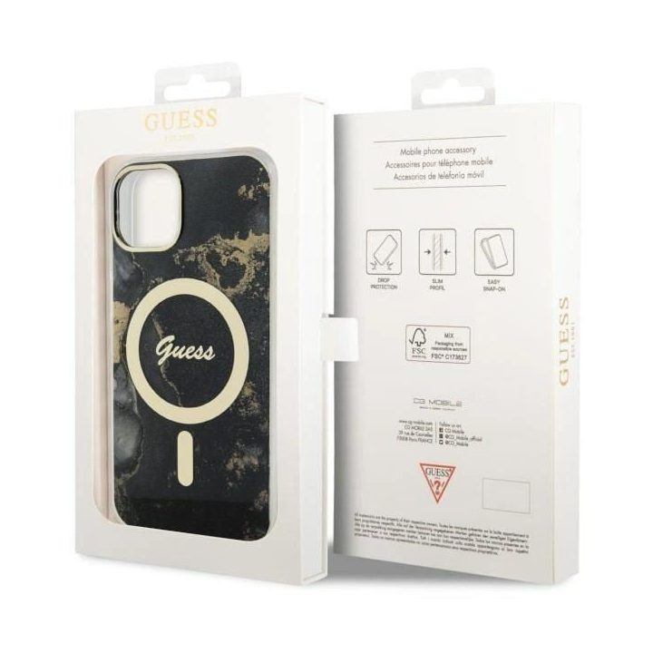 Guess GUHMP14SHTMRSK iPhone 14 6,1 juodos/juodos spalvos deklas Golden Marble MagSafe