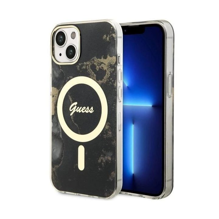 Guess GUHMP14SHTMRSK iPhone 14 6,1 juodos/juodos spalvos deklas Golden Marble MagSafe