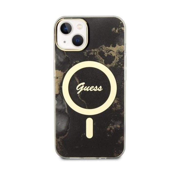 Guess GUHMP14SHTMRSK iPhone 14 6,1 juodos/juodos spalvos deklas Golden Marble MagSafe