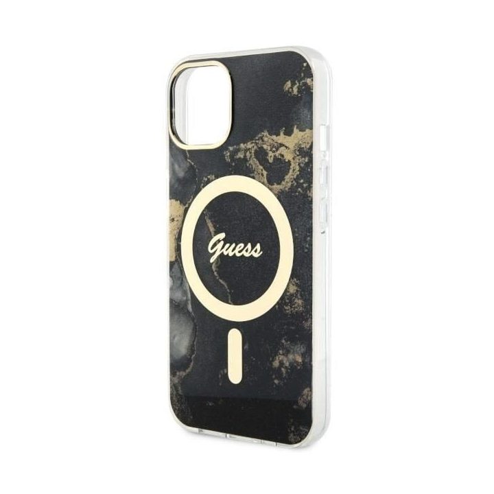Guess GUHMP14SHTMRSK iPhone 14 6,1 juodos/juodos spalvos deklas Golden Marble MagSafe