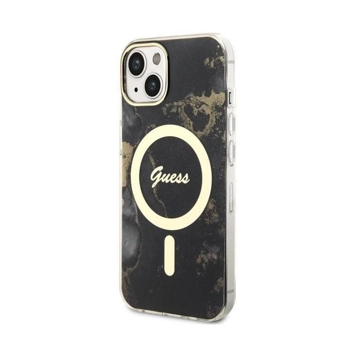 Guess GUHMP14SHTMRSK iPhone 14 6,1 juodos/juodos spalvos deklas Golden Marble MagSafe