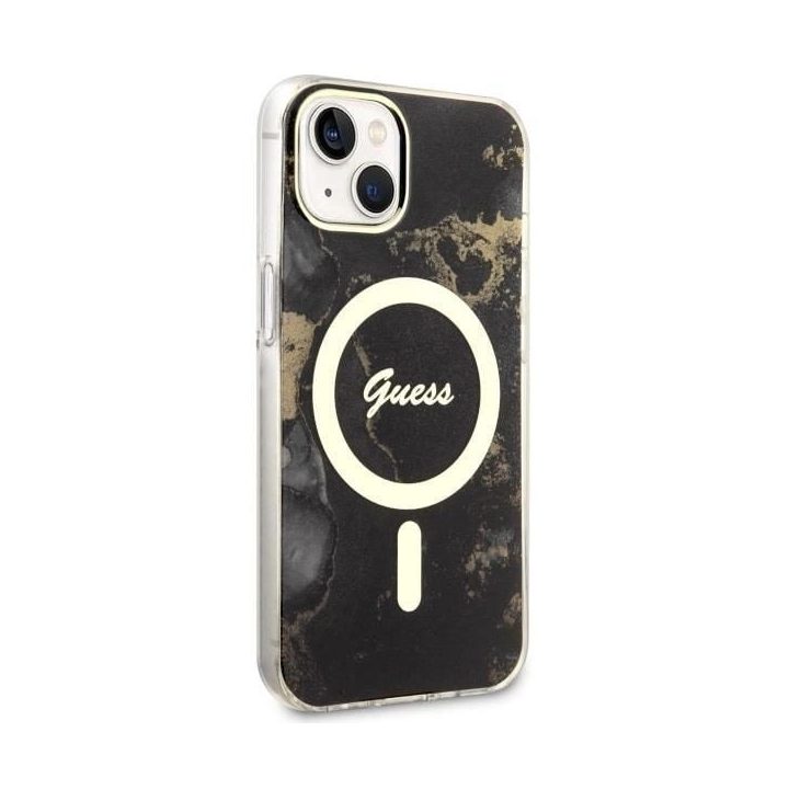 Guess GUHMP14SHTMRSK iPhone 14 6,1 juodos/juodos spalvos deklas Golden Marble MagSafe