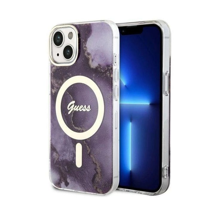 Guess GUHMP14SHTMRSU iPhone 14 6,1 violetinės/violetinės spalvos deklas Golden Marble MagSafe
