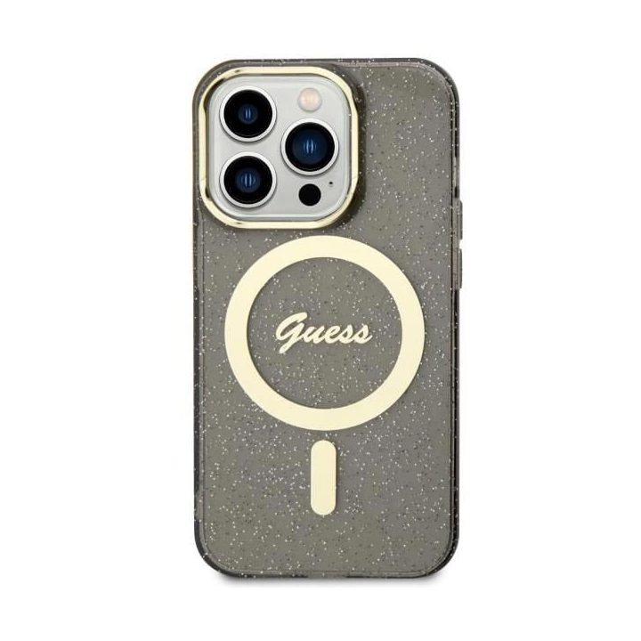 Guess GUHMP14XHCMCGK iPhone 14 Pro Max 6,7 juodos/juodos spalvos deklas Glitter Gold MagSafe