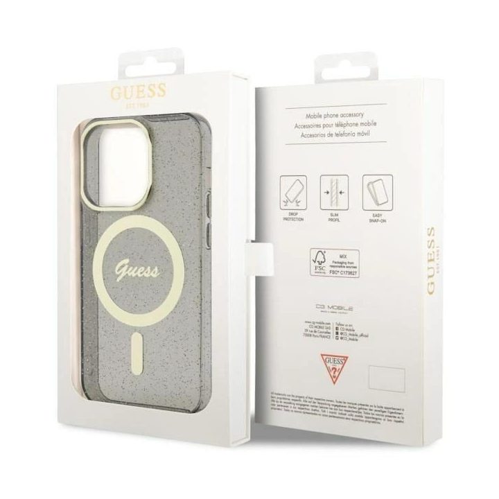 Guess GUHMP14XHCMCGK iPhone 14 Pro Max 6,7 juodos/juodos spalvos deklas Glitter Gold MagSafe