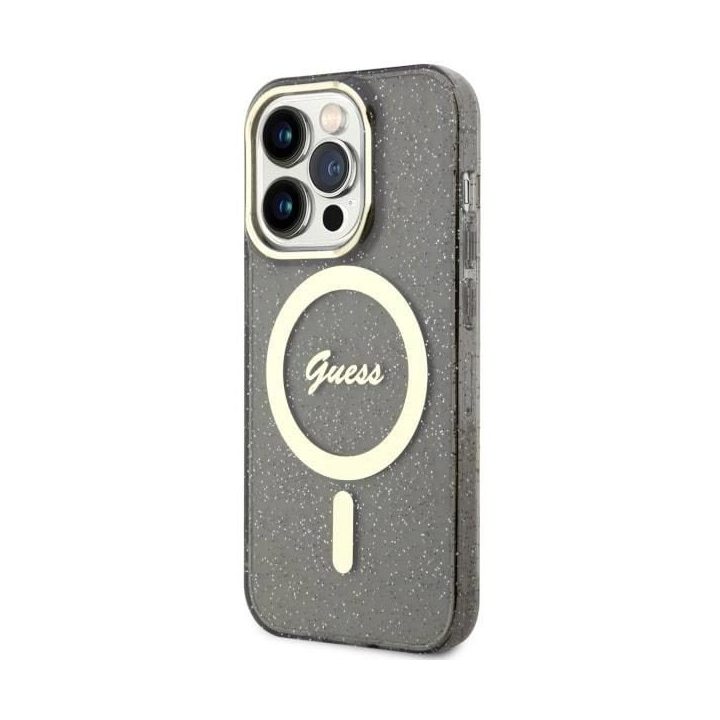 Guess GUHMP14XHCMCGK iPhone 14 Pro Max 6,7 juodos/juodos spalvos deklas Glitter Gold MagSafe