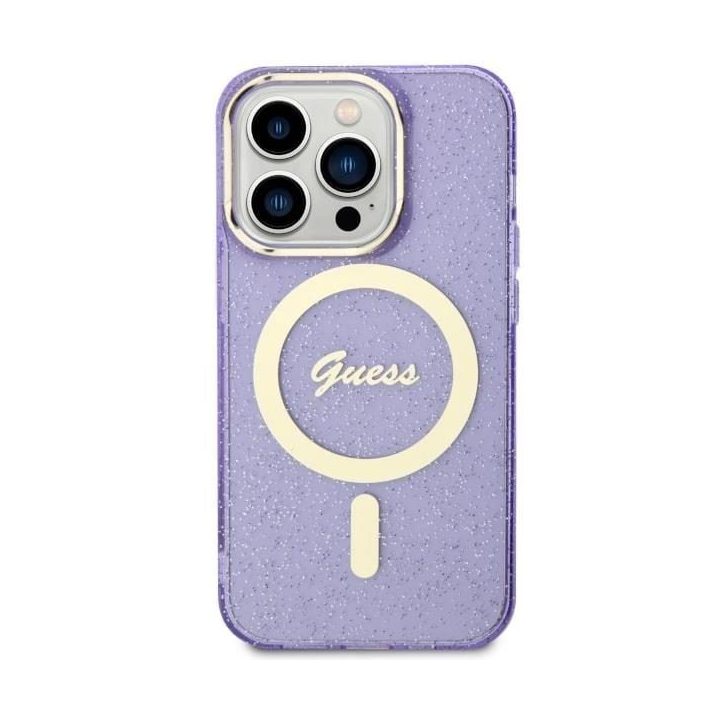 Guess GUHMP14XHCMCGU iPhone 14 Pro Max 6,7 violetinės/violetinės spalvos deklas Glitter Gold MagSafe