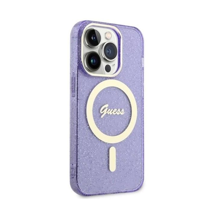 Guess GUHMP14XHCMCGU iPhone 14 Pro Max 6,7 violetinės/violetinės spalvos deklas Glitter Gold MagSafe