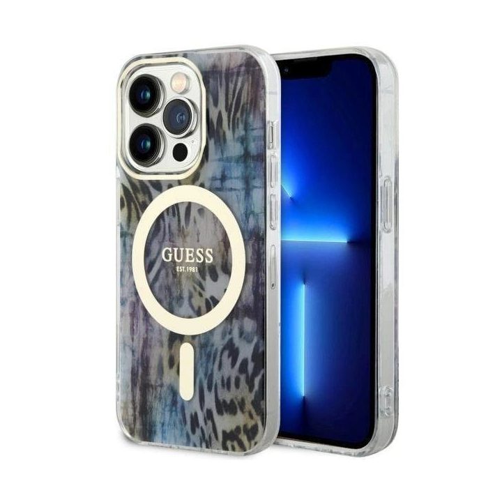 Guess GUHMP14XHLEOPWB iPhone 14 Pro Max 6,7 mėlynos/mėlynos spalvos deklas Leopard MagSafe