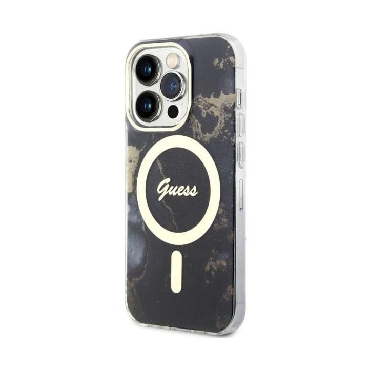 Guess GUHMP14XHTMRSK iPhone 14 Pro Max 6,7 juodas/juodas deklas Golden Marble MagSafe