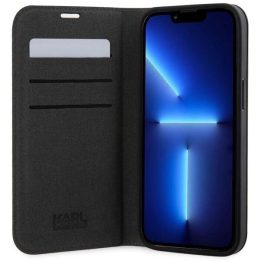 Karl Lagerfeld KLBKP14LSAKLHPK iPhone 14 Pro 6,1 knygų dėklas juoda/juoda Saffiano Monogram